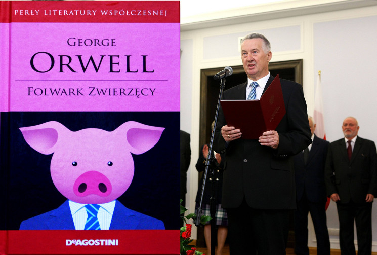 Okładka jednego z wydań "Folwarku Zwierzęcego" i przewodniczący PKW Stefan Jaworski (po prawej)