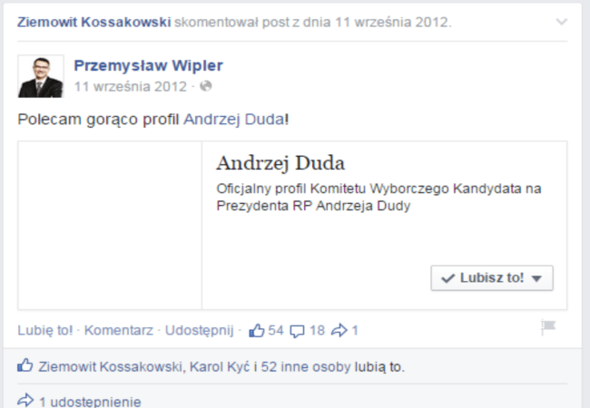 Trolling na profilu Wiplera. Poszło o udostępnienie profilu Dudy