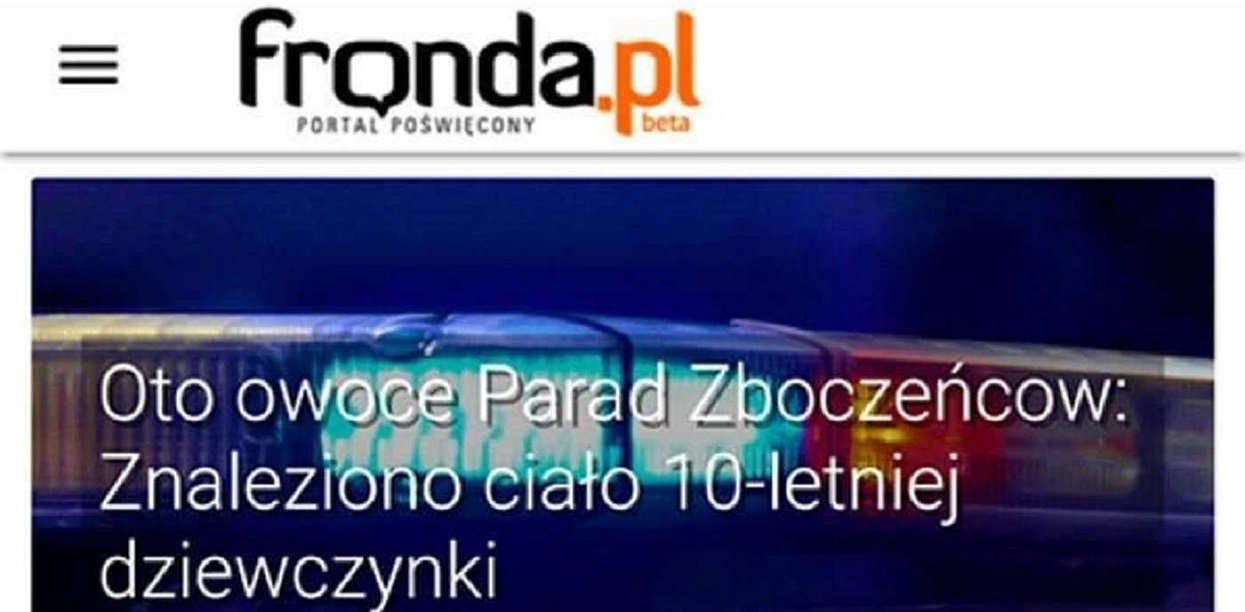 Ohydny artykuł katolickiego tabloidu. Sugerują związek Parady Równości z zamordowaniem 10-latki