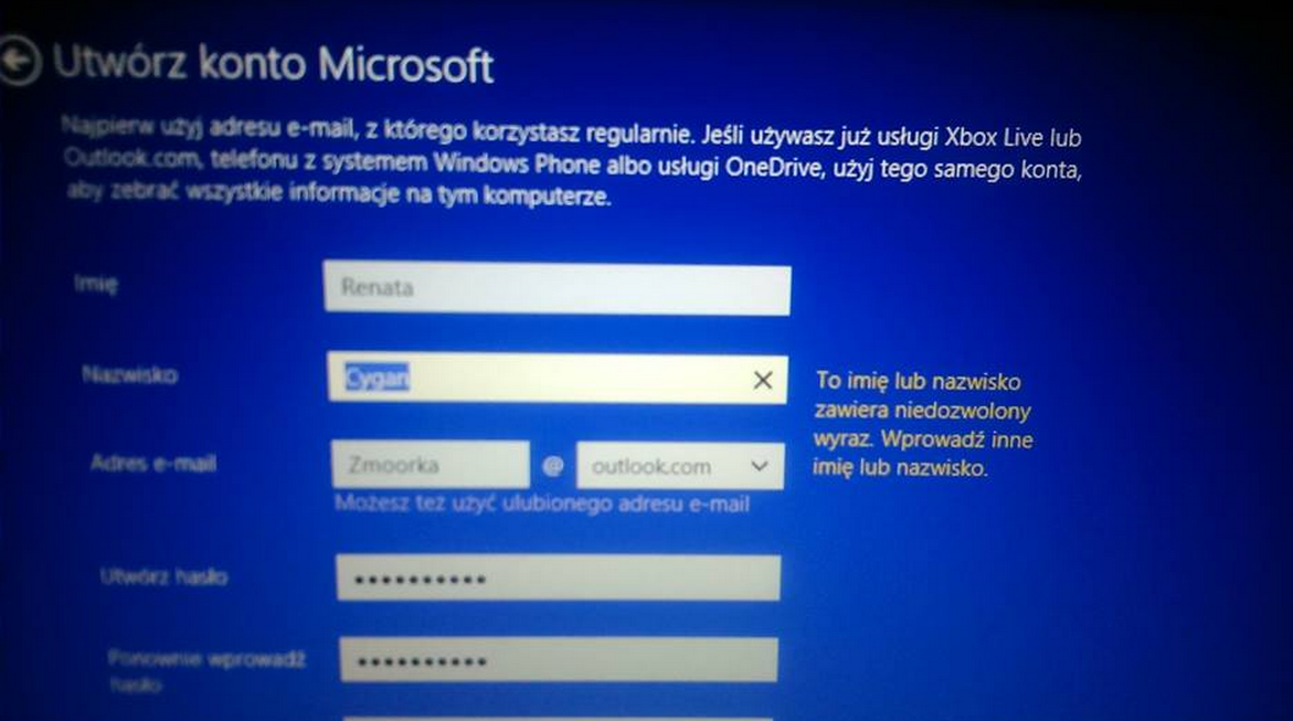 Ma na nazwisko Cygan. Nie może zarejestrować się w Microsoft