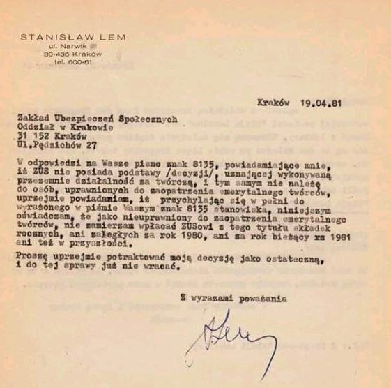 Mistrz! Odpowiedź Stanisława Lema na pismo z ZUS