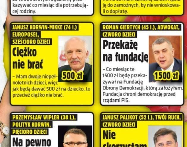 Ci politycy wezmą, a ci zrezygnują z 500 złotych na dziecko