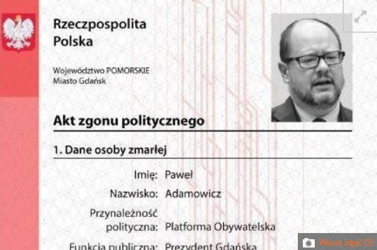 Młodzież Wszechpolska wystawiła "akt zgonu" Adamowicza. Prokuratura Ziobry uznała, że nie ma problemu