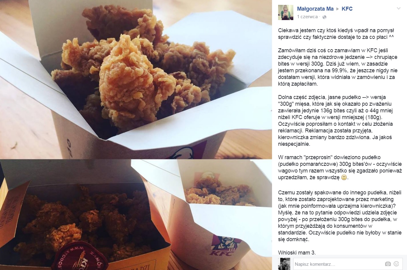 Małgorzata oburzona zestawem z KFC. "Zważyłam te wasze kurczaki, oszukujecie, nie najadłam się"
