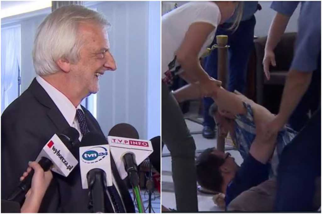 Bójka w Sejmie na konferencji. Dopiero pięciu strażników dało mu radę (video)