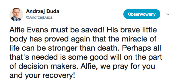Alfie Evans. Post Andrzeja Dudy na Twitterze