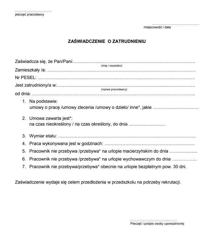 Zaświadczenie o zatrudnieniu do przedszkola