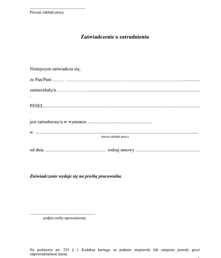 Zaświadczenie o zarobkach i zatrudnieniu