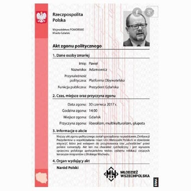 Akt zgonu Pawła Adamowicza